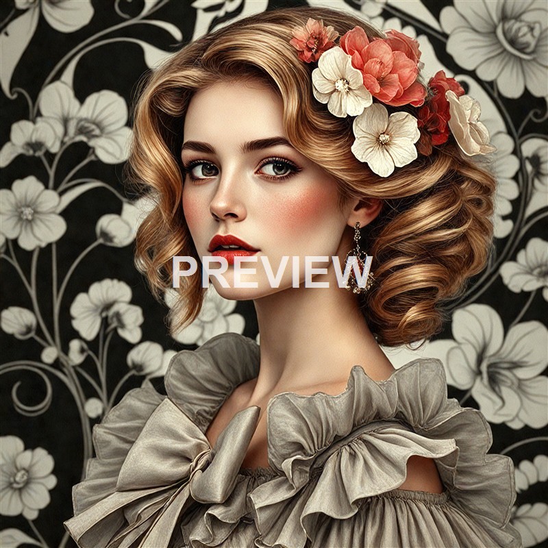 A young woman with styled wavy hair adorned with a cluster of pink and white flowers, wearing a ruffled, off-shoulder dress and ornate earrings, set against a black and white floral patterned background.